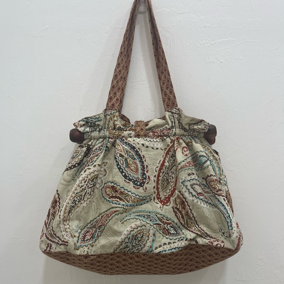 World Market Boho Cottagecore Paisley Wood Accents Satchel Handbag Purse - Picture 10 of 12
